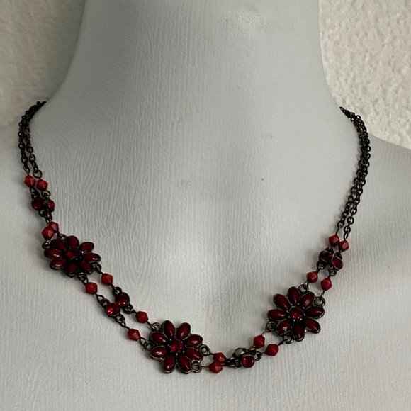 Unknown Jewelry - Deep red double strand floral and beaded necklace, choker or short length